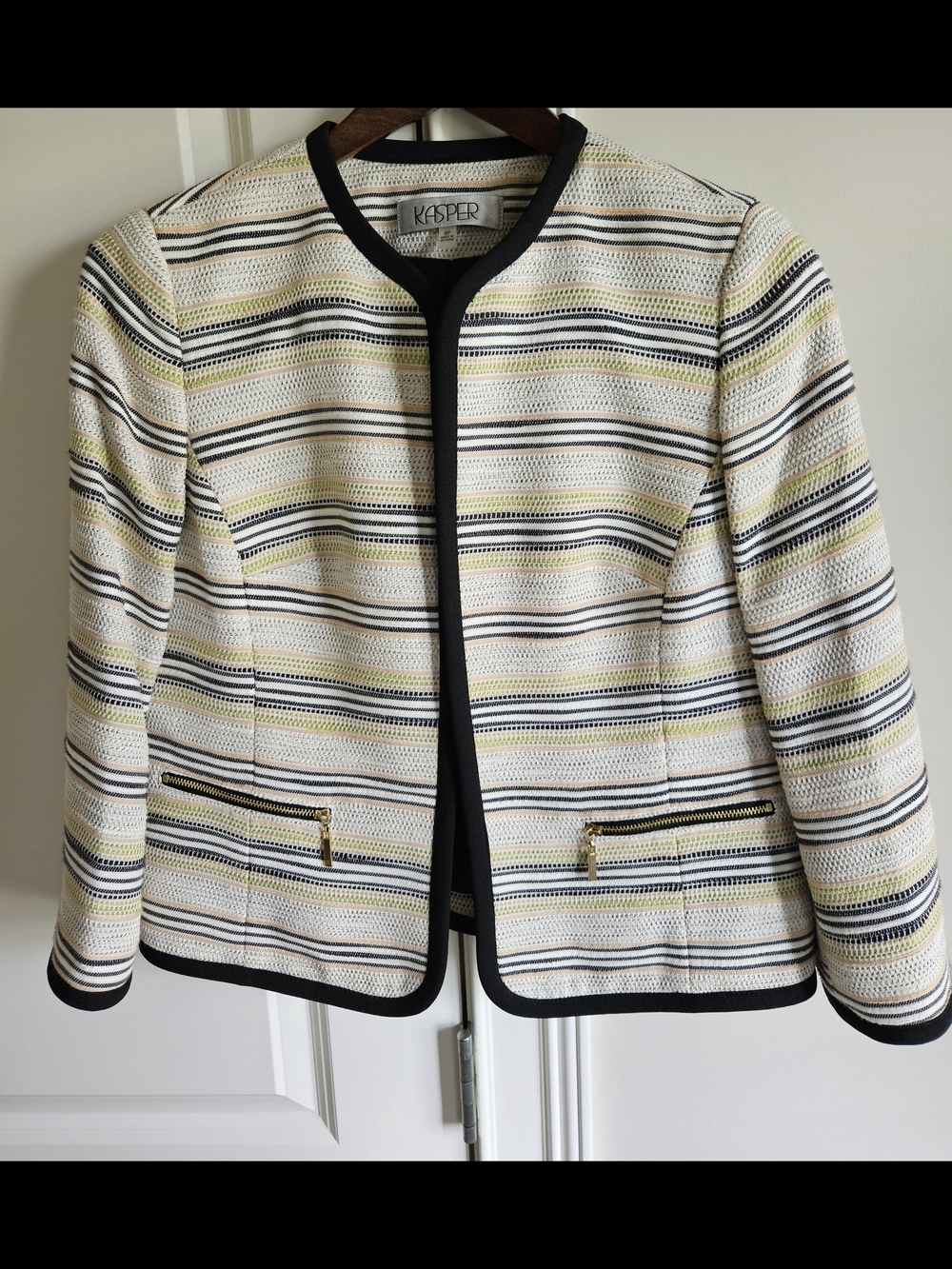 Kasper Cream Striped Collarless Jacket